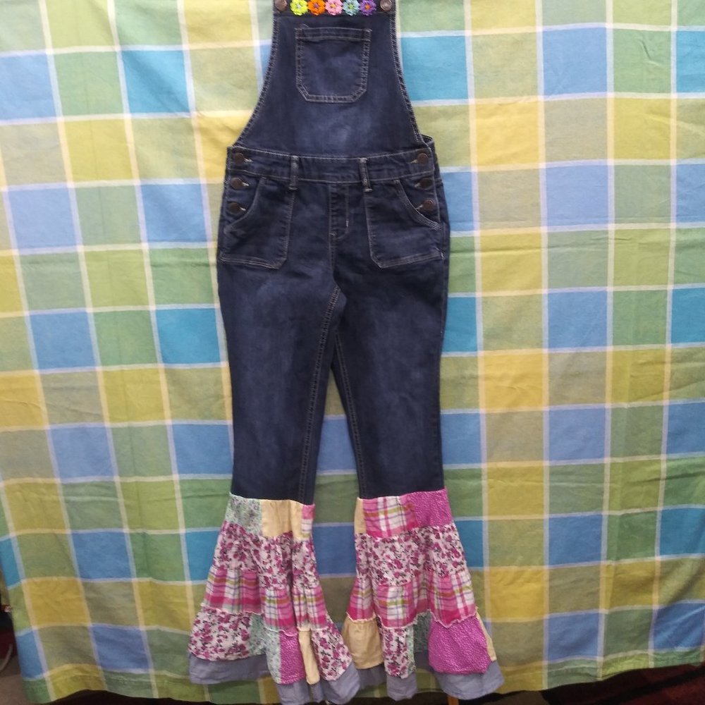 SO Dark Blue Denim Overalls with Pink Patchwork Flare